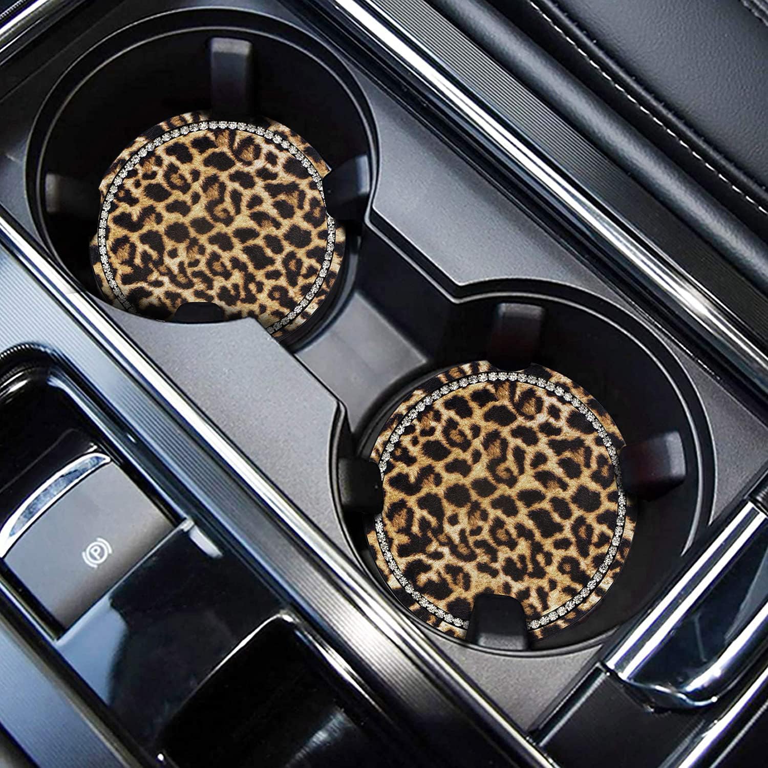 2.75" Car Cup Holder Coaster Car Coasters Leopard Print Bling Accessories Rhinestone Anti Slip Insert Coaster Suitable for Most Cars Gifts - 2PCS