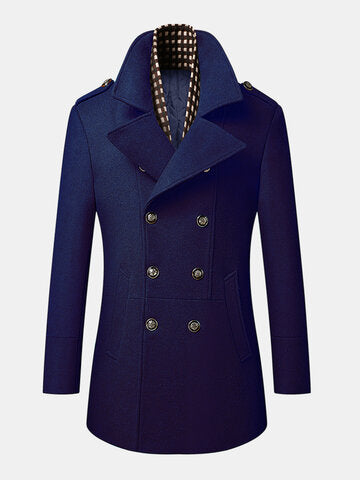 mens double breasted woolen lapel british style overcoats with scarf