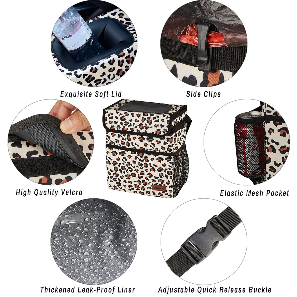 SIBOFUEGO Cute Car Trash Can with Lid - Leak Proof Car Trash Bag Hanging Waterproof Car Garbage Can with Storage Pockets Multipurpose Collapsible Car Organizer (Leopard Print)