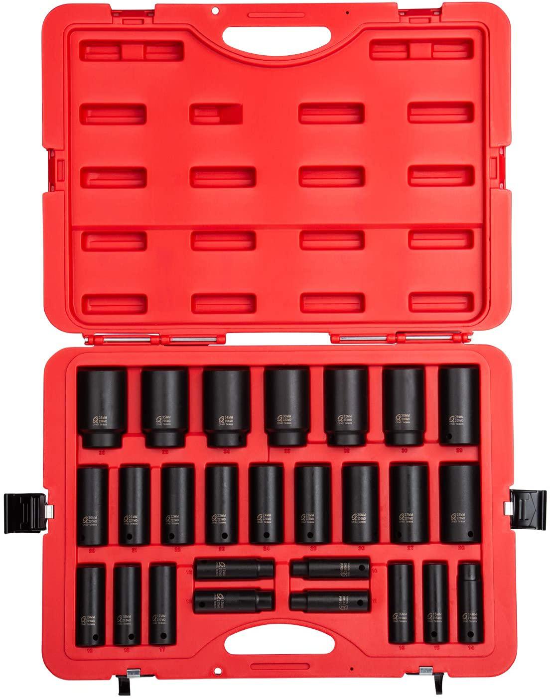 Sunex 2646, 1/2 Inch Drive Deep Impact Socket Set, 26-Piece, Metric, 10mm-36mm, Cr-Mo Alloy Steel, Radius Corner , Heavy Duty StoraCase