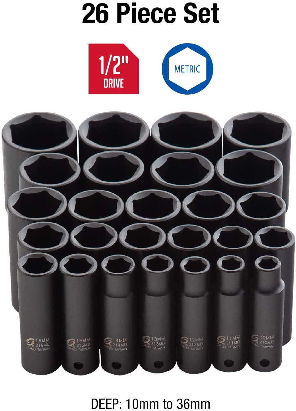 Sunex 2646, 1/2 Inch Drive Deep Impact Socket Set, 26-Piece, Metric, 10mm-36mm, Cr-Mo Alloy Steel, Radius Corner , Heavy Duty StoraCase