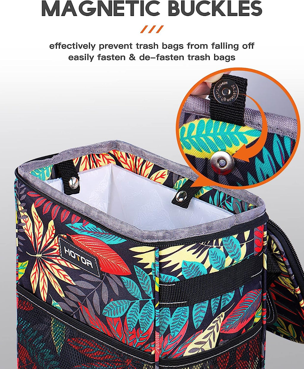 HOTOR Car Trash Can, Multifunctional &amp; Fashionable Car Accessory for Interior Use, Waterproof &amp; Leakproof Car Organizer and Storage Bag with Adjustable Straps, Magnetic Buckles (Colorful Leaves)