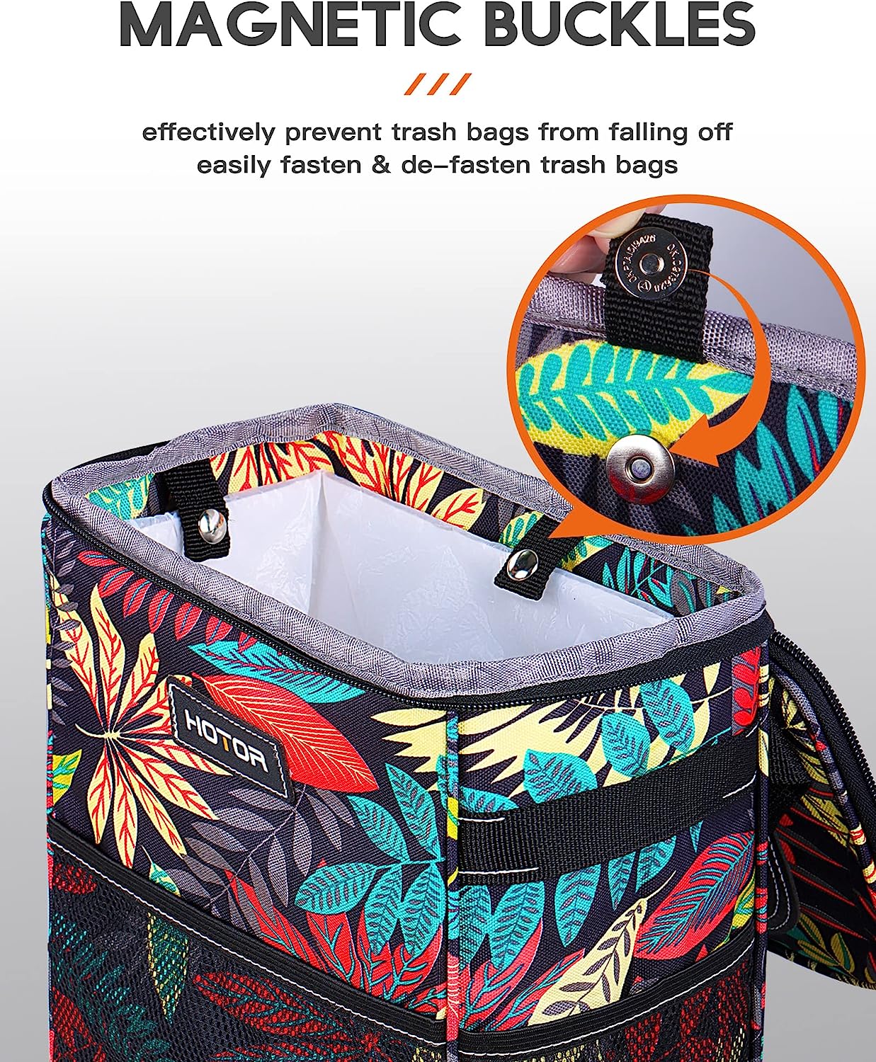 HOTOR Car Trash Can, Multifunctional &amp; Fashionable Car Accessory for Interior Use, Waterproof &amp; Leakproof Car Organizer and Storage Bag with Adjustable Straps, Magnetic Buckles (Colorful Leaves)