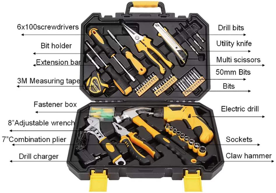 95 Piece Complete Household Tool Kit with 3.6 Volt Cordless Screwdriver And Most Useful Hand Tools And DIY Accessories with Carrying Tool Box Auto Repair Tool Sets