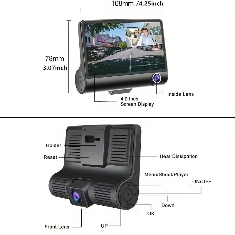 3 Lens Dash Camera, 4'' Touch IPS Screen Car Video Recorder, 1080P +720P+720P