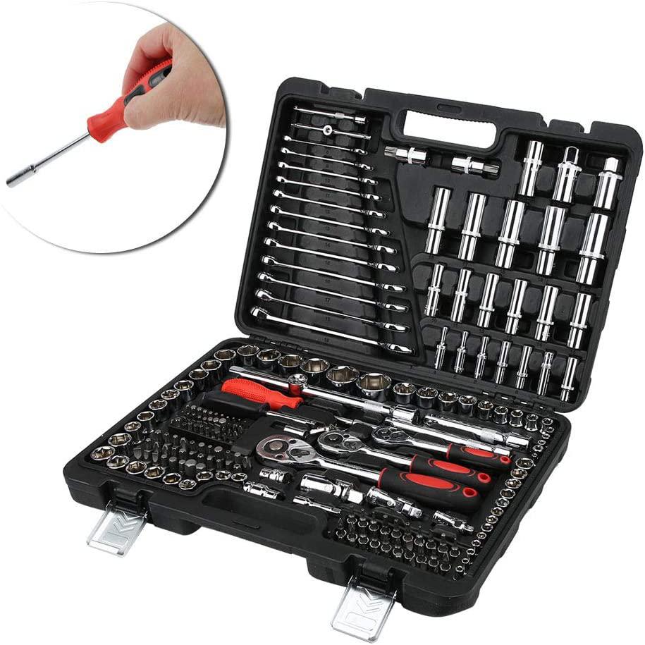 215Pcs Ratchet Wrench Socket Set Tool Case Hand Tool Kits Set 1/4in 3/8in 1/2in Box LPD0005‑7