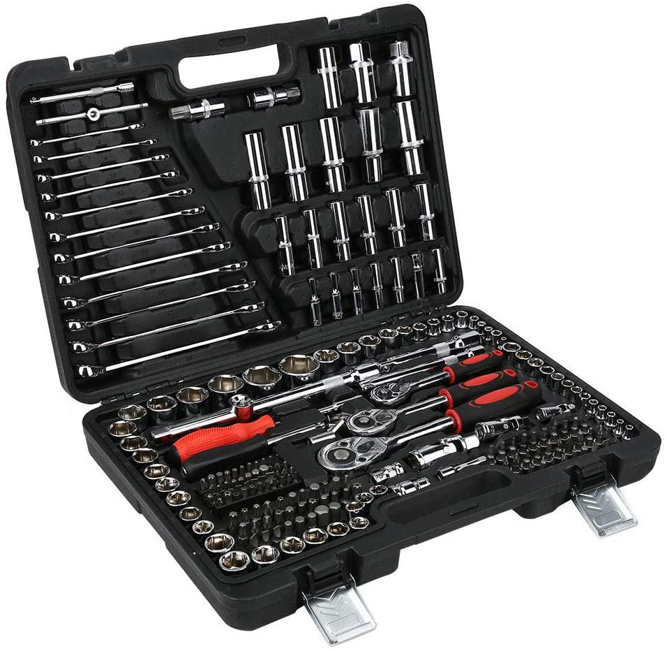 215Pcs Ratchet Wrench Socket Set Tool Case Hand Tool Kits Set 1/4in 3/8in 1/2in Box LPD0005‑7
