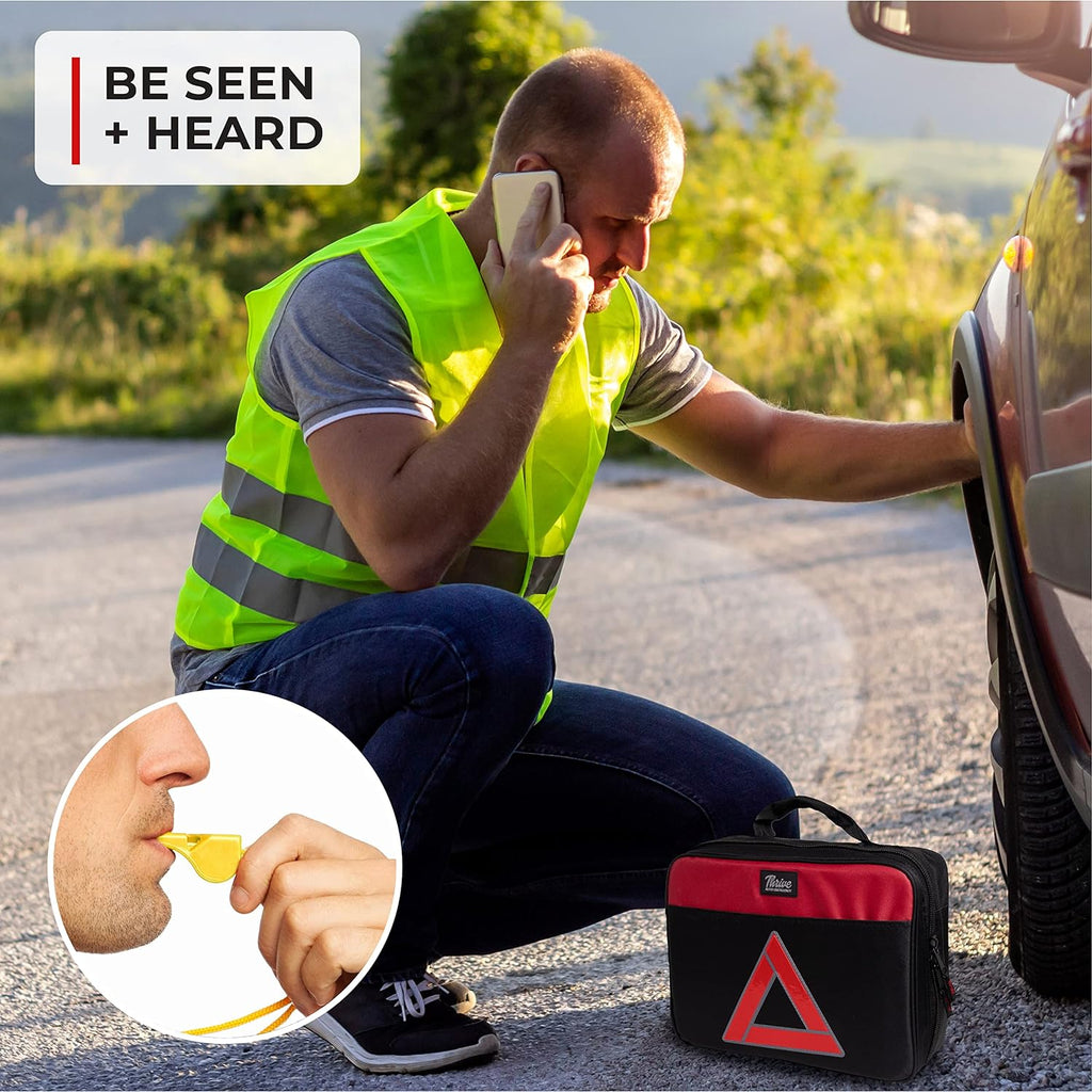 Thrive Roadside Emergency Car Kit - Car Safety Accessories and Tool Kit with Jumper Cables and Mini First Aid Kit - Car Emergency Kit for Women and Men (Square Bag)