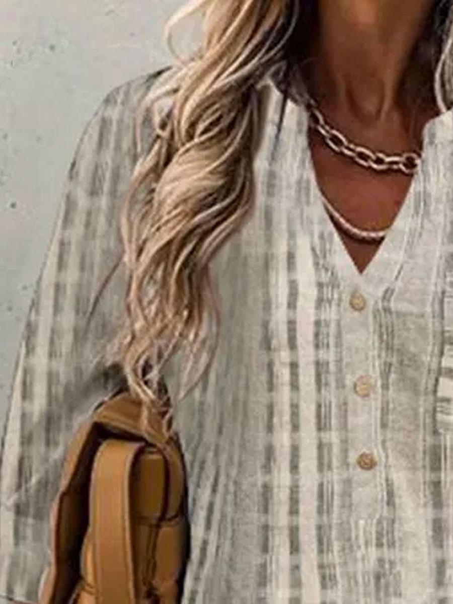 Check Gradient Print Loose Casual Long Sleeve Blouse