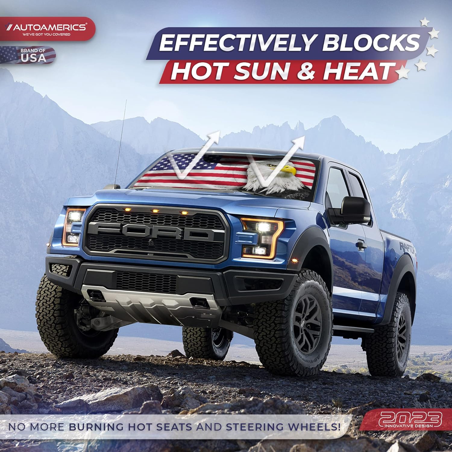 Autoamerics 1-Piece Windshield Sun Shade American Eagle Flag USA Patriotic  - Foldable Car Front Window Sunshade for Sedans SUV Truck - Blocks Max UV Rays and Keeps Your Vehicle Cool - Large