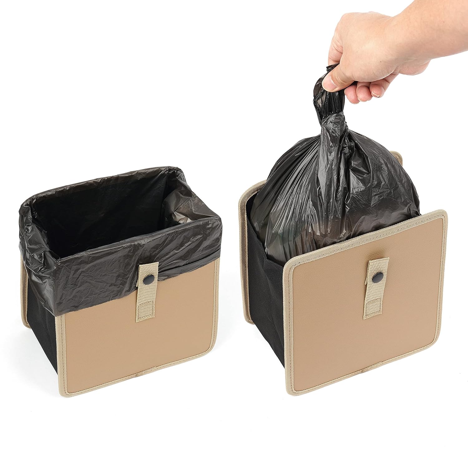 KMMOTORS Foldable Hanging Car Trash Can, Bag, bin, Vegan Leather and Oxford Clothes Organizer, Cute car Gadgets (Medium, Beige)