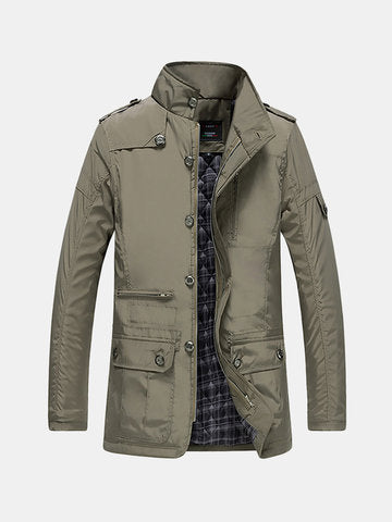 men's casual business windproof thicken multi safe zipper pockets plaid warm trench coat