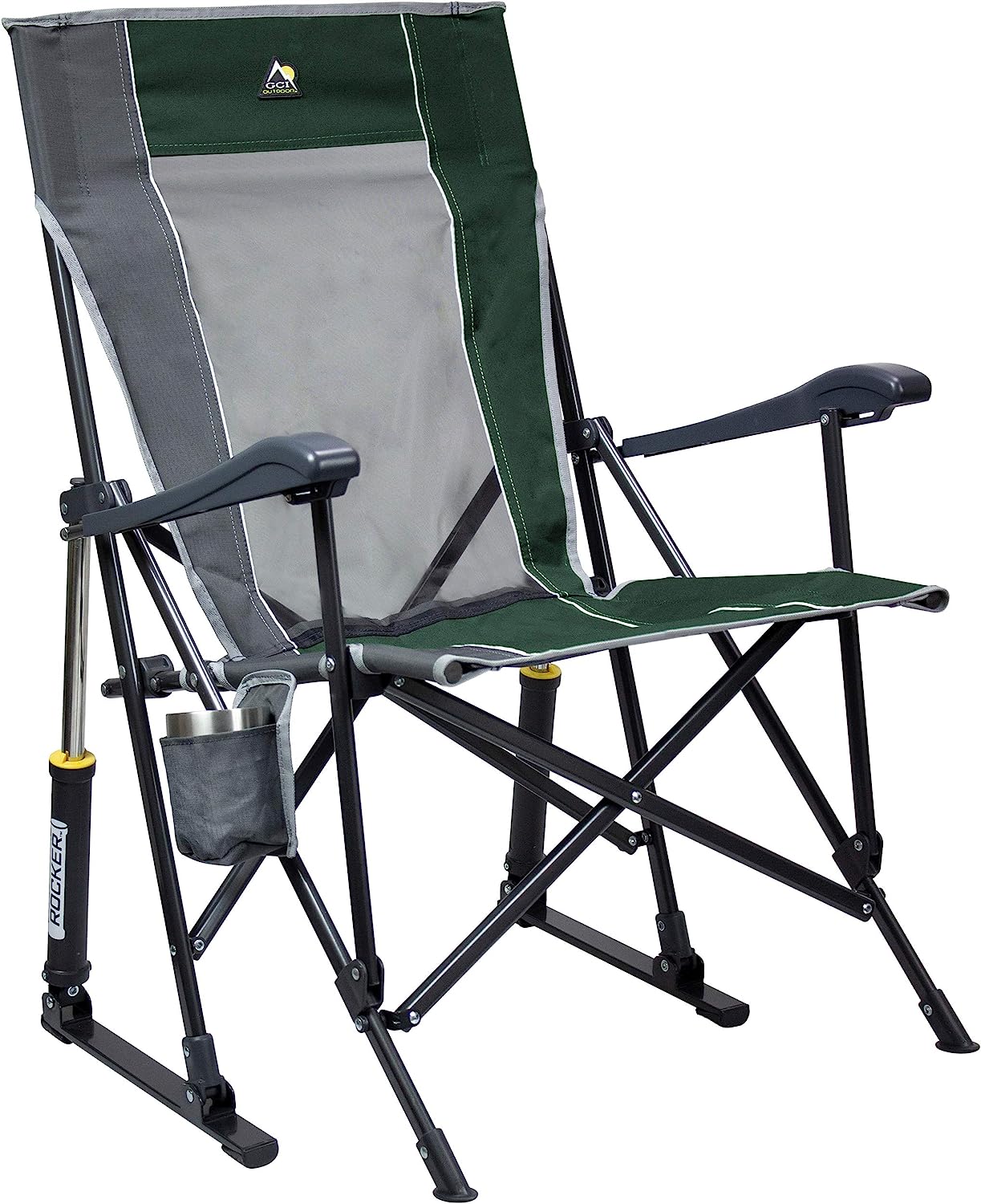 GCI Outdoor Roadtrip Rocker Collapsible Rocking Chair &amp; Outdoor Camping Chair, Green/Grey