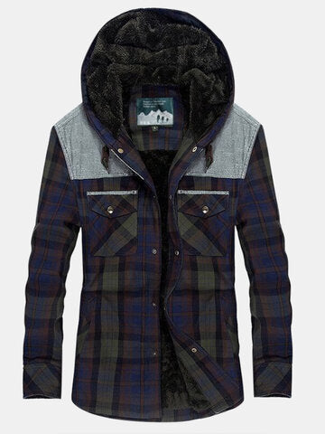 mens plaid 100% cotton plush lined thick snap button shirt hooded overcoats