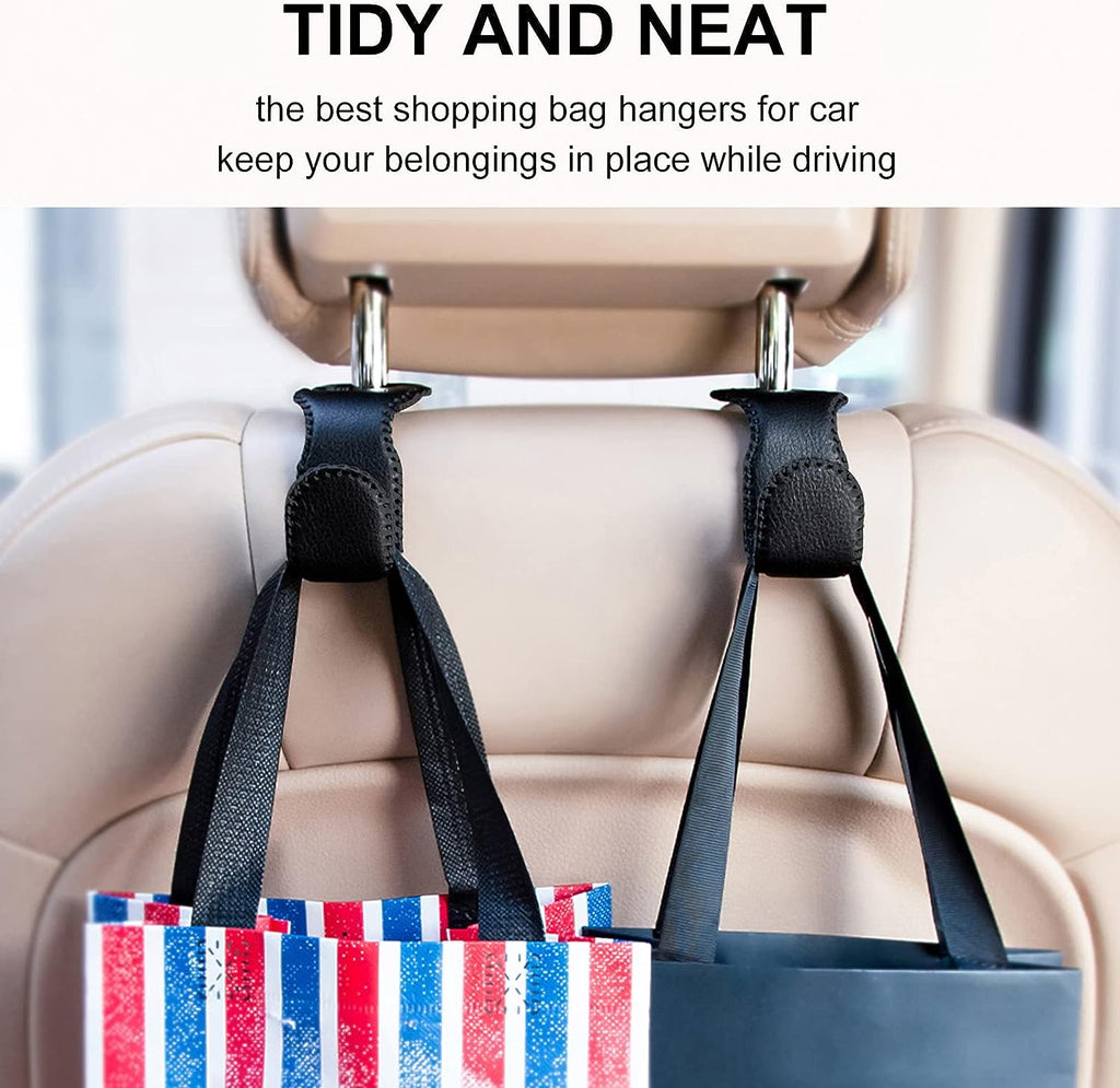 EldHus Headrest Hooks for Purses and Bags, 2 Pack Seat Hooks for Grocery Bag Handbag, Metal Car Purse Holder Covered by Leather