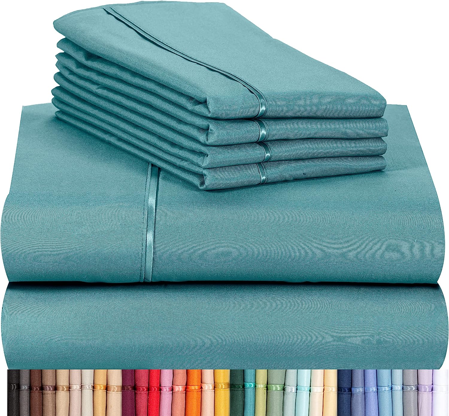 LuxClub 7 PC Split King Sheet Set Bamboo Sheets Deep Pockets 18" Eco Friendly Wrinkle Free Cooling Sheets Machine Washable Hotel Bedding Silky Soft - Teal Split King