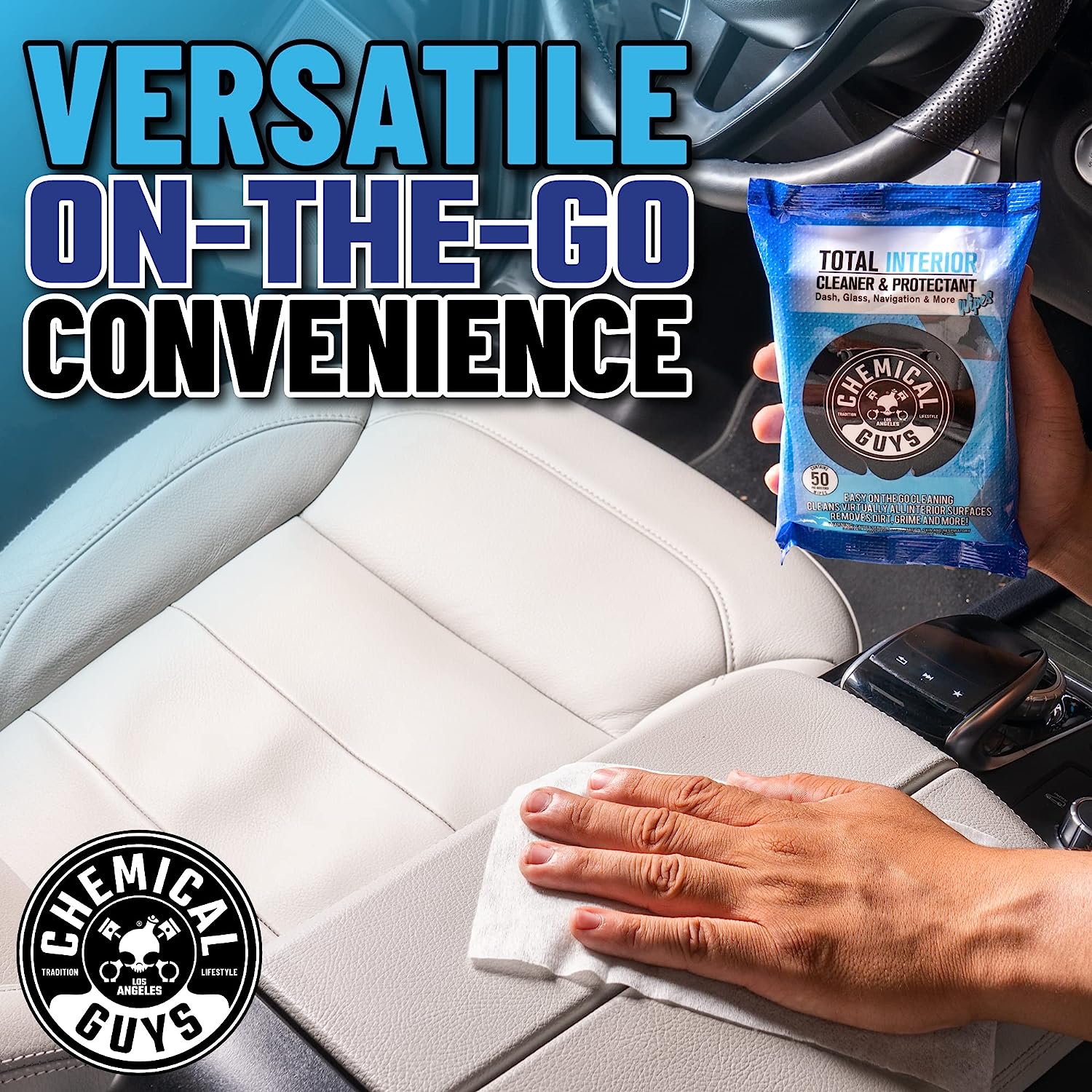 Chemical Guys PMWSPI22050 Total Interior Cleaner &amp; Protectant Wipes Mega 50 Pack, Safe for Cars, Trucks, SUVs, Jeeps, Motorcycles, RVs &amp; More ( 50 Ct)