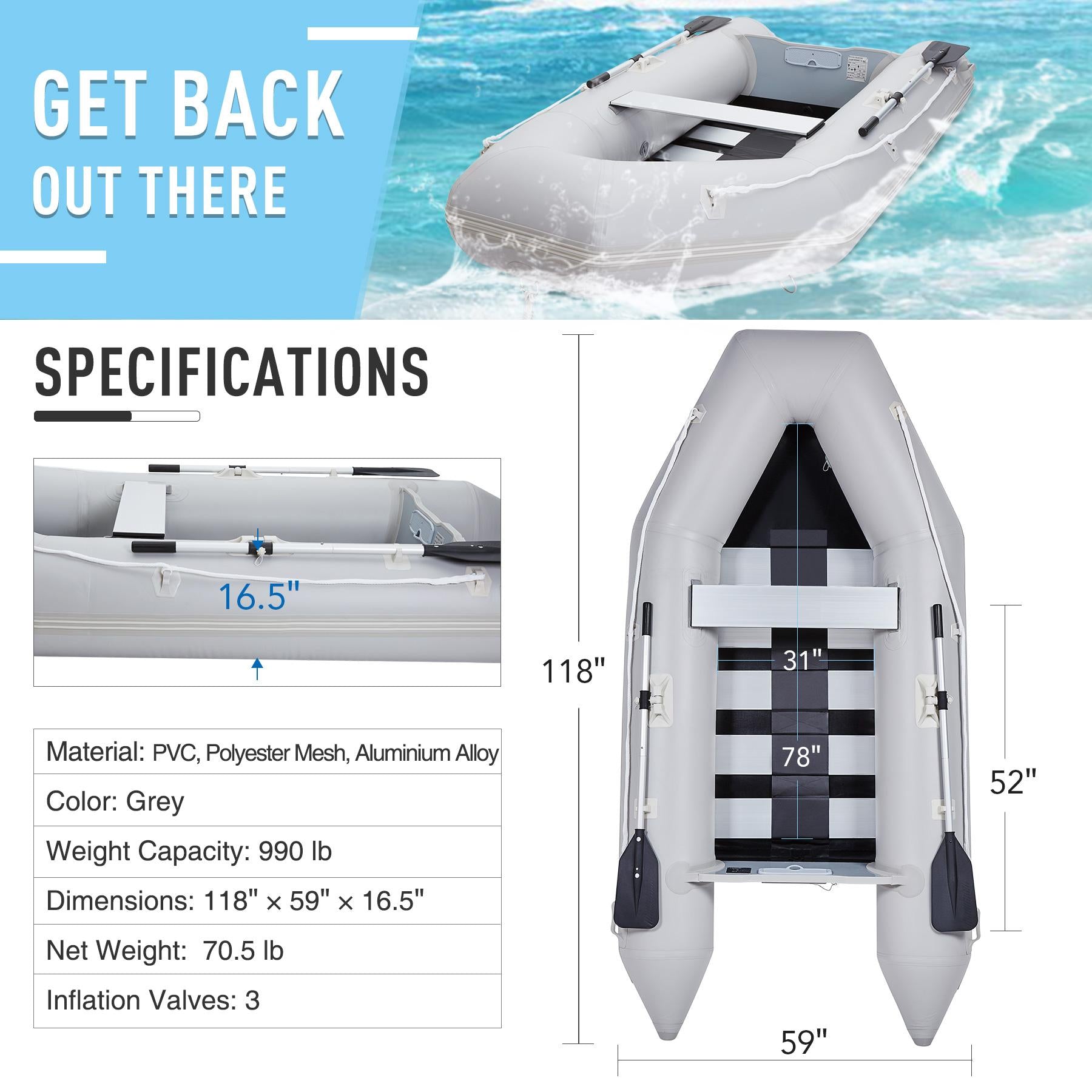 Preenex 10ft Portable Inflatable Boat  4 Person Heavy Duty 990lb Capacity Raft,color of paddle is shipped randomly