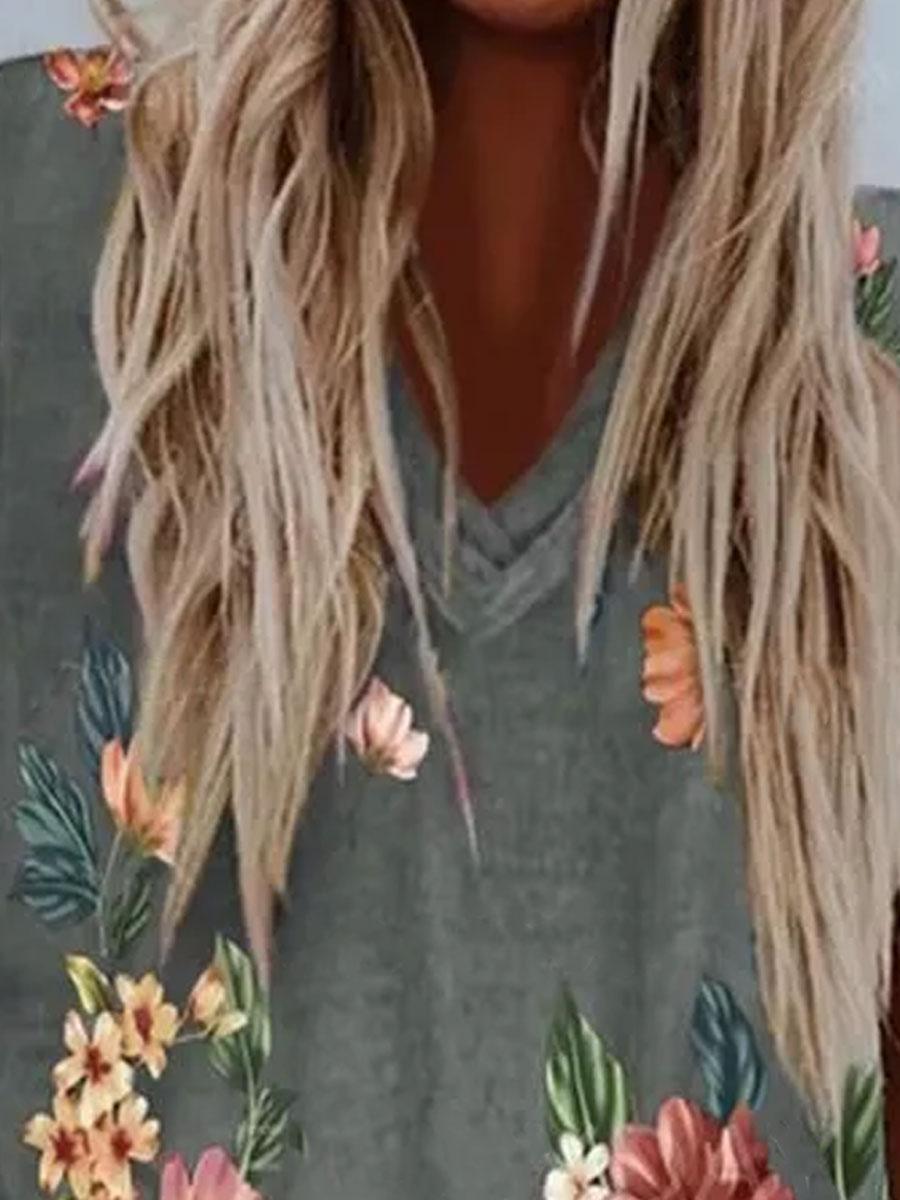 V-neck Floral Print Short-sleeved Loose T-shirt
