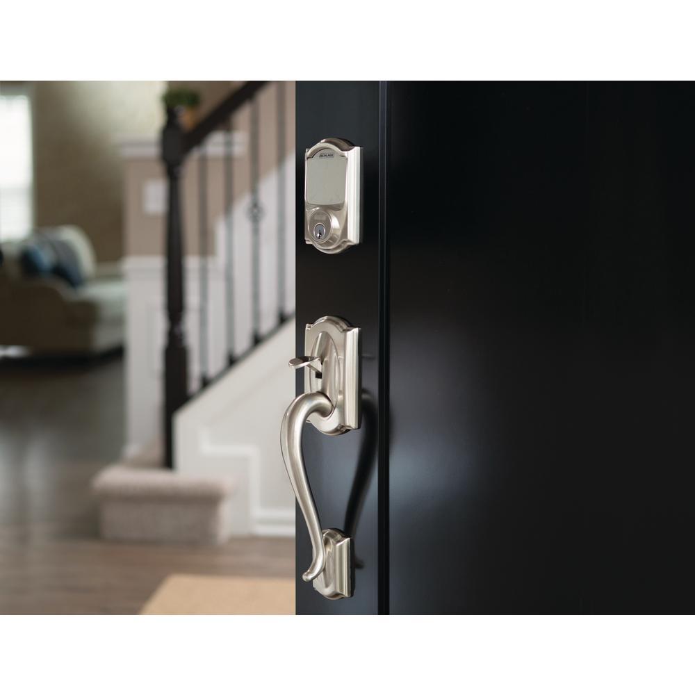 Camelot Satin Nickel Sense Smart Door Lock with Left Handed Flair Lever Door Handleset