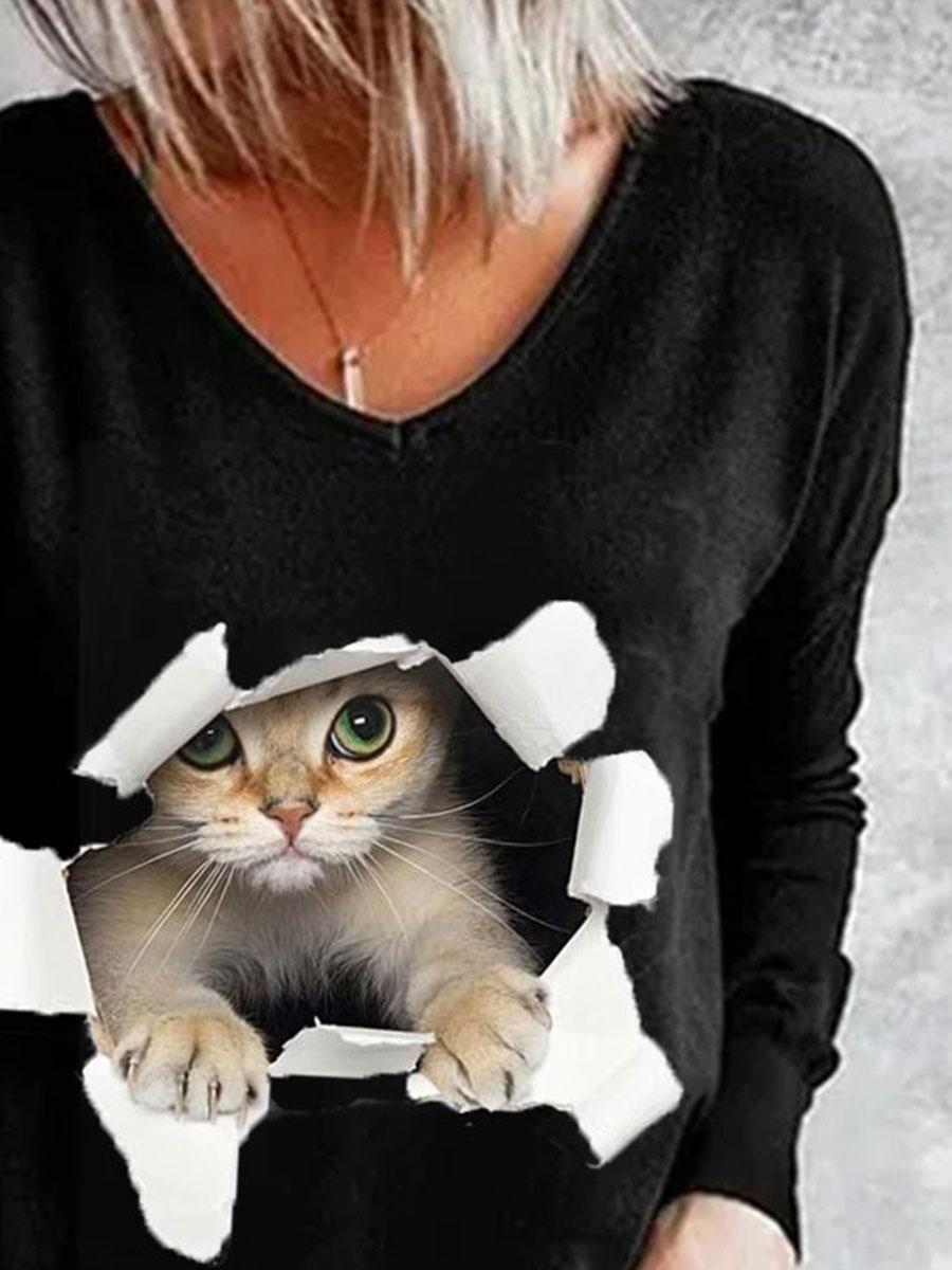 Cat Print V-neck Long-sleeved Casual Fashion T-shirt