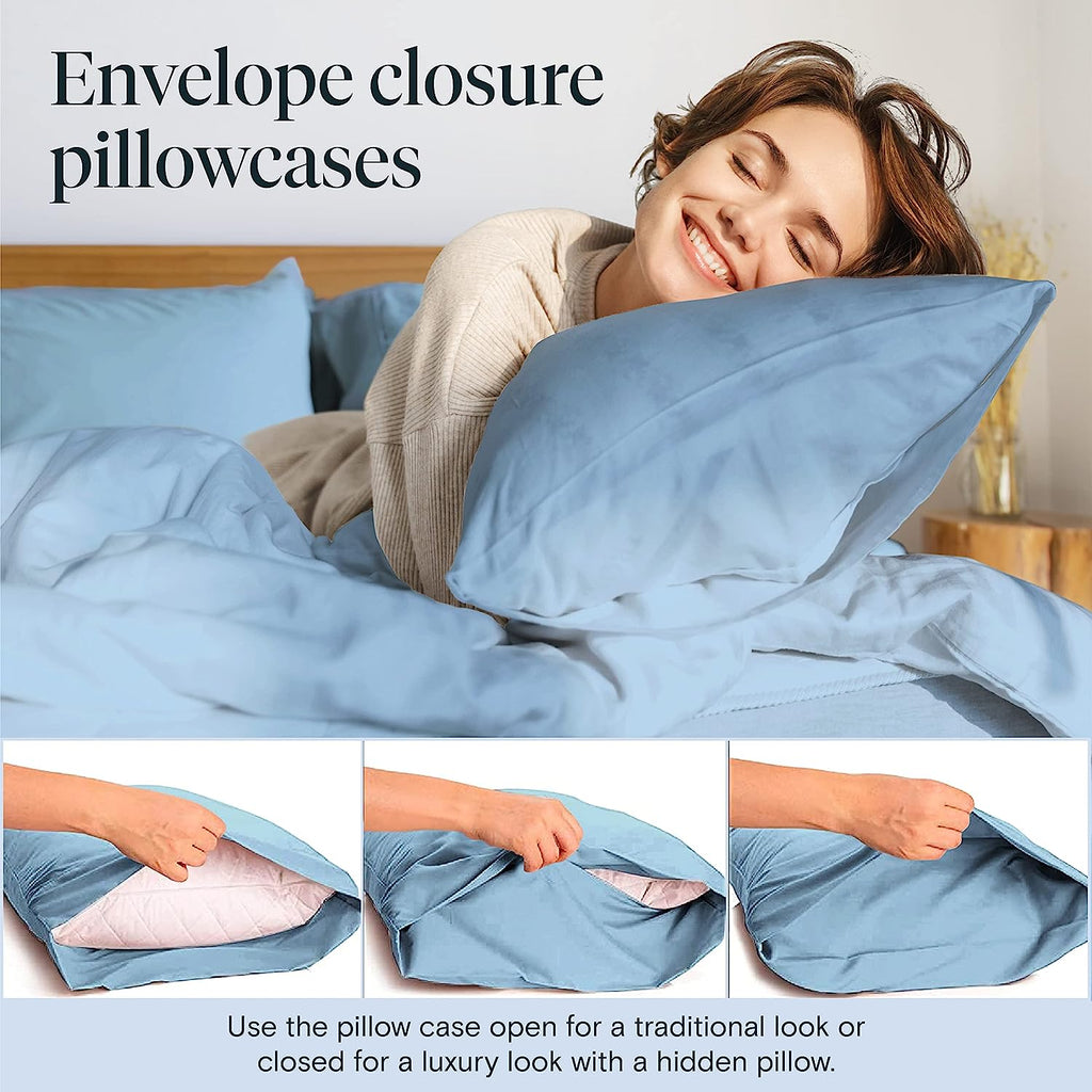 LuxClub 7 PC Split King Sheet Set Bamboo Sheets Deep Pockets 18" Eco Friendly Wrinkle Free Cooling Sheets Machine Washable Hotel Bedding Silky Soft - Sky Split King