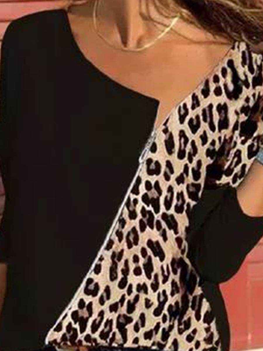 Casual Zipper Irregular Collar Leopard Print T-shirt