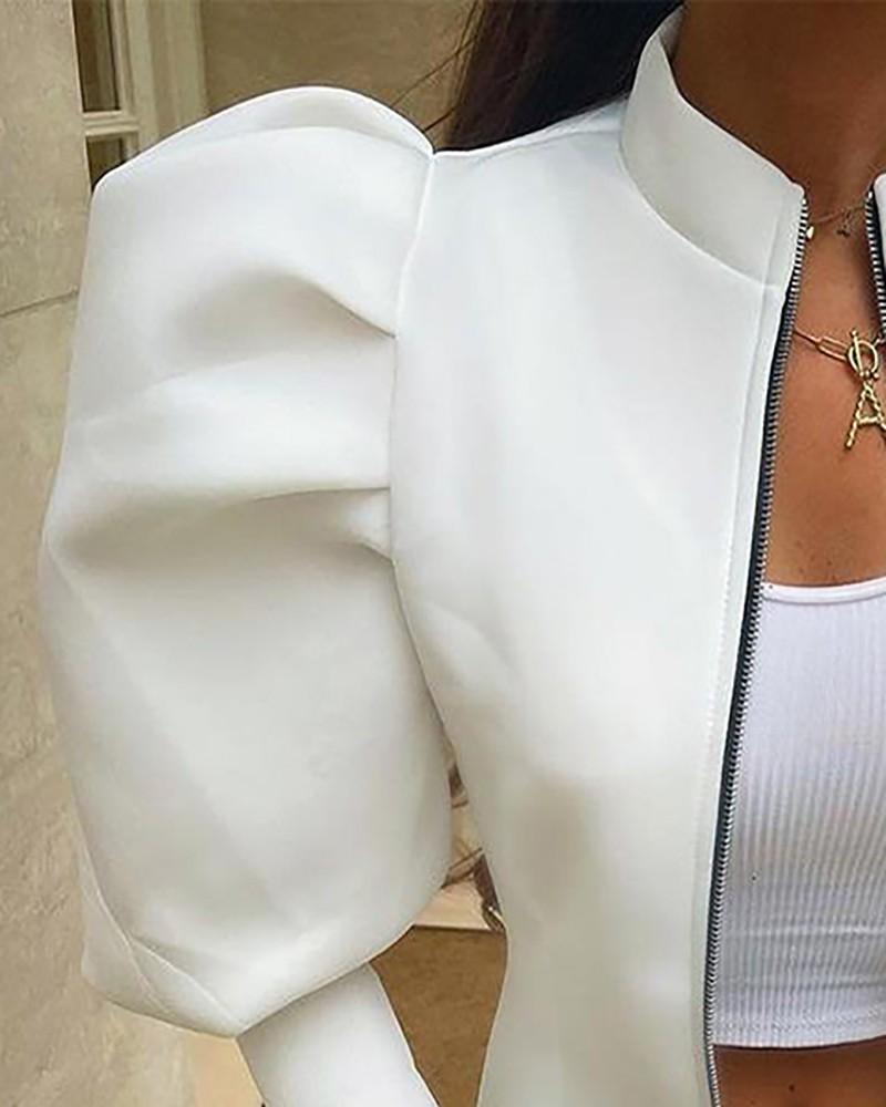 Puff Gigot Sleeve Zip Front Crop Coat