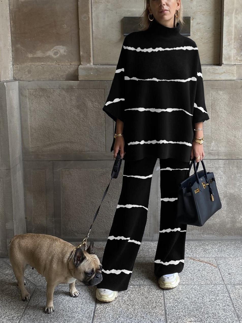 Women's Fashion Casual Black And White Striped Round Neck Suit