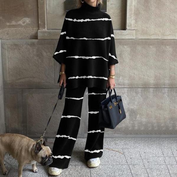 Women's Fashion Casual Black And White Striped Round Neck Suit