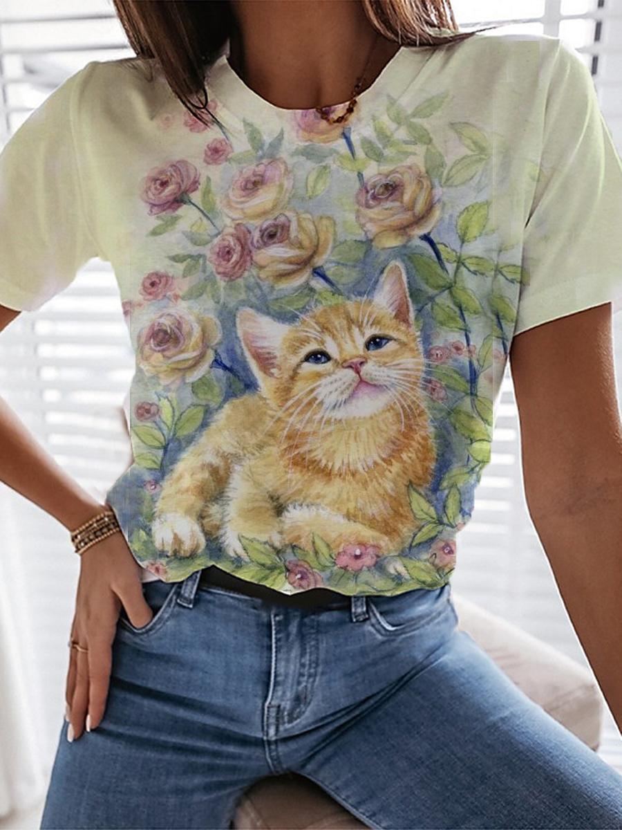 Womens Casual Fashion Cat And Floral Print T-shirt