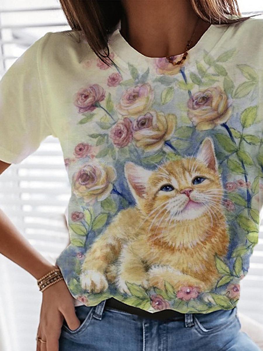 Womens Casual Fashion Cat And Floral Print T-shirt