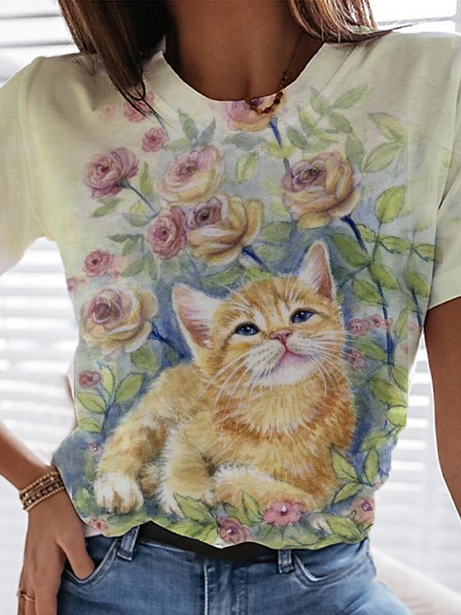 Womens Casual Fashion Cat And Floral Print T-shirt