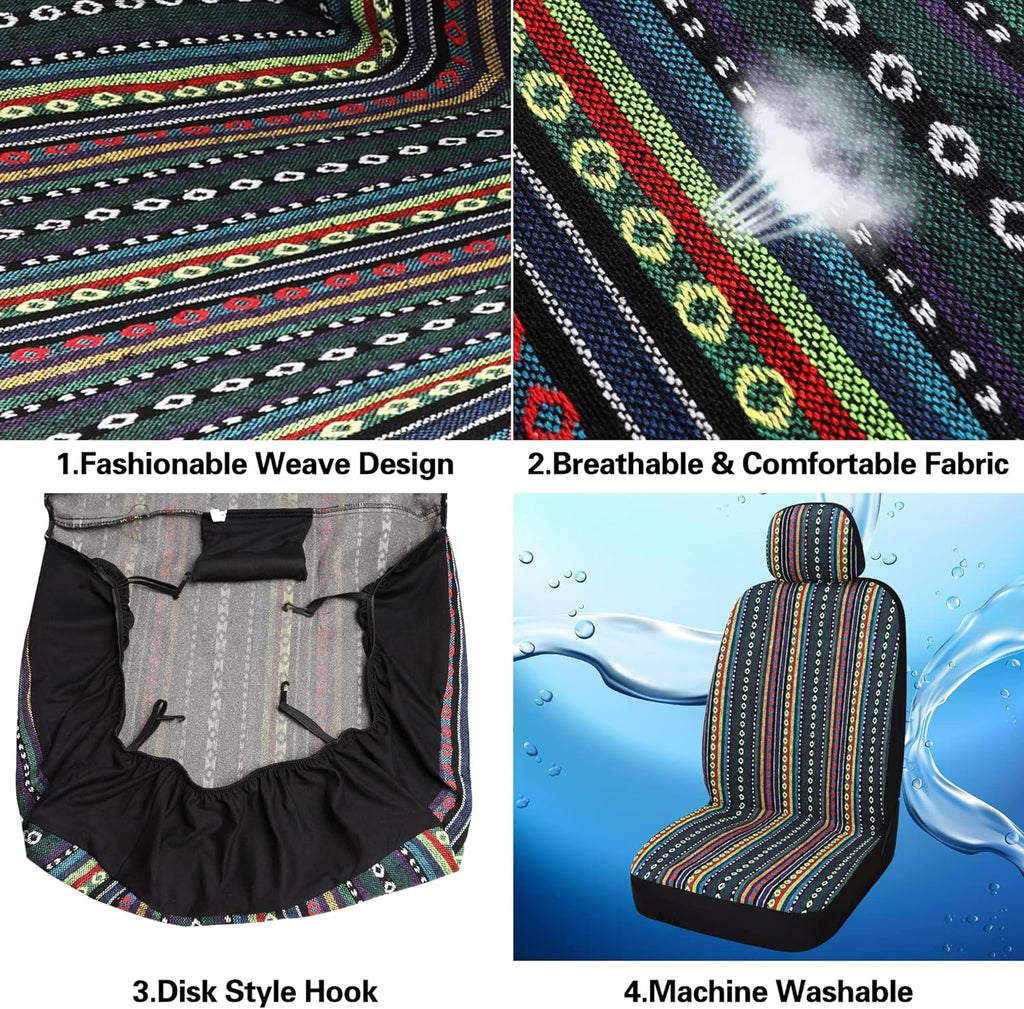Pariitadin Baja Saddle Blanket Car Seat Covers Full Set with Seat Belt Pads, Washable Breathable Striped Woven Cloth Seat Covers for Cars Interior, Universal Fit Most Cars, Airbag Compatible, Red/Blue