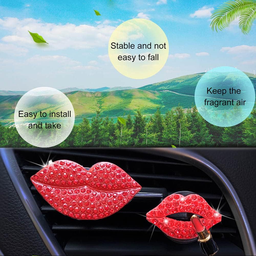 ZOSTLAND Rhinestone Car Decorative Clip,Car Air Fresheners, Lipstick Car Vent Clip,Personalized Automotive Interior Decoration Accessories,Car Decor Gift for women,Girl (2pcs Red Lip)