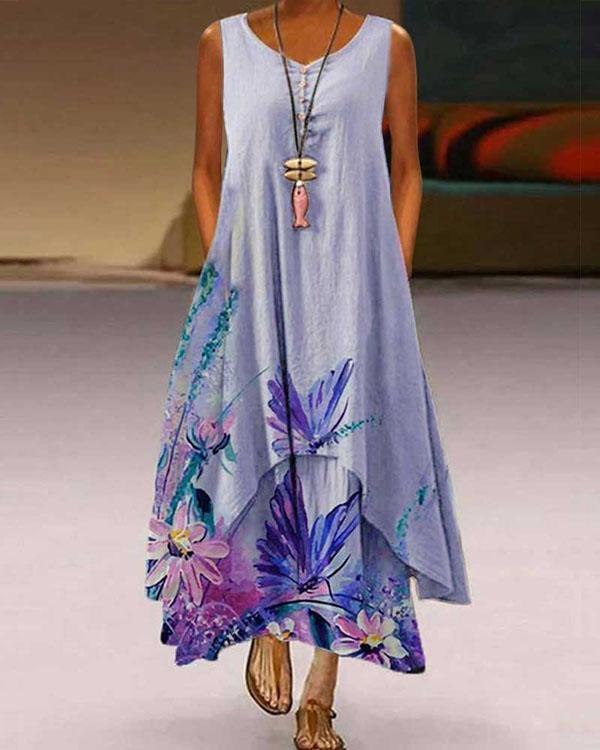 plus size print sleeveless a-line asymmetrical maxi dress