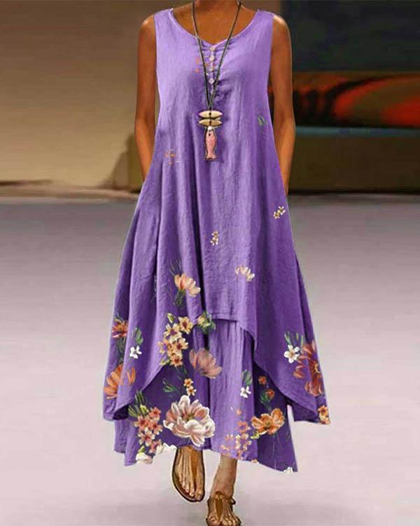 plus size print sleeveless a-line asymmetrical maxi dress