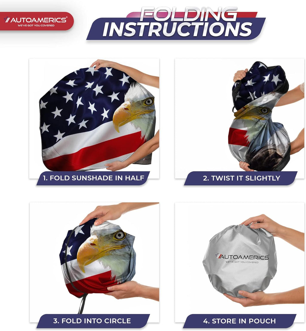 Autoamerics 1-Piece Windshield Sun Shade American Eagle Flag - 2 USA Patriotic  - Foldable Car Front Window Sunshade for Sedans SUV Truck - Blocks Max UV Rays and Keeps Your Vehicle Cool - Small