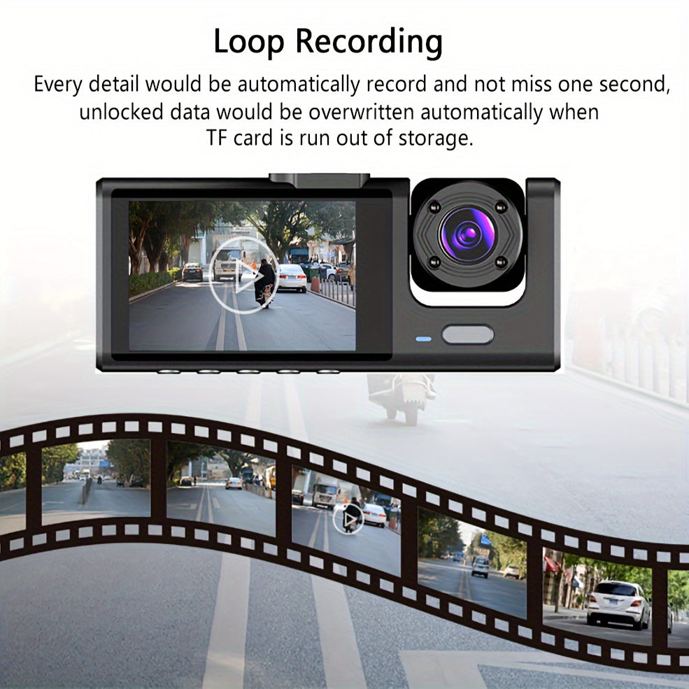 3 Channel Dash Cam Front And Rear Inside, 1080P Car DVR Camera Video Recorder G-Sensor Night Vision/ParMonitor/Accident Lock/Loop Recording