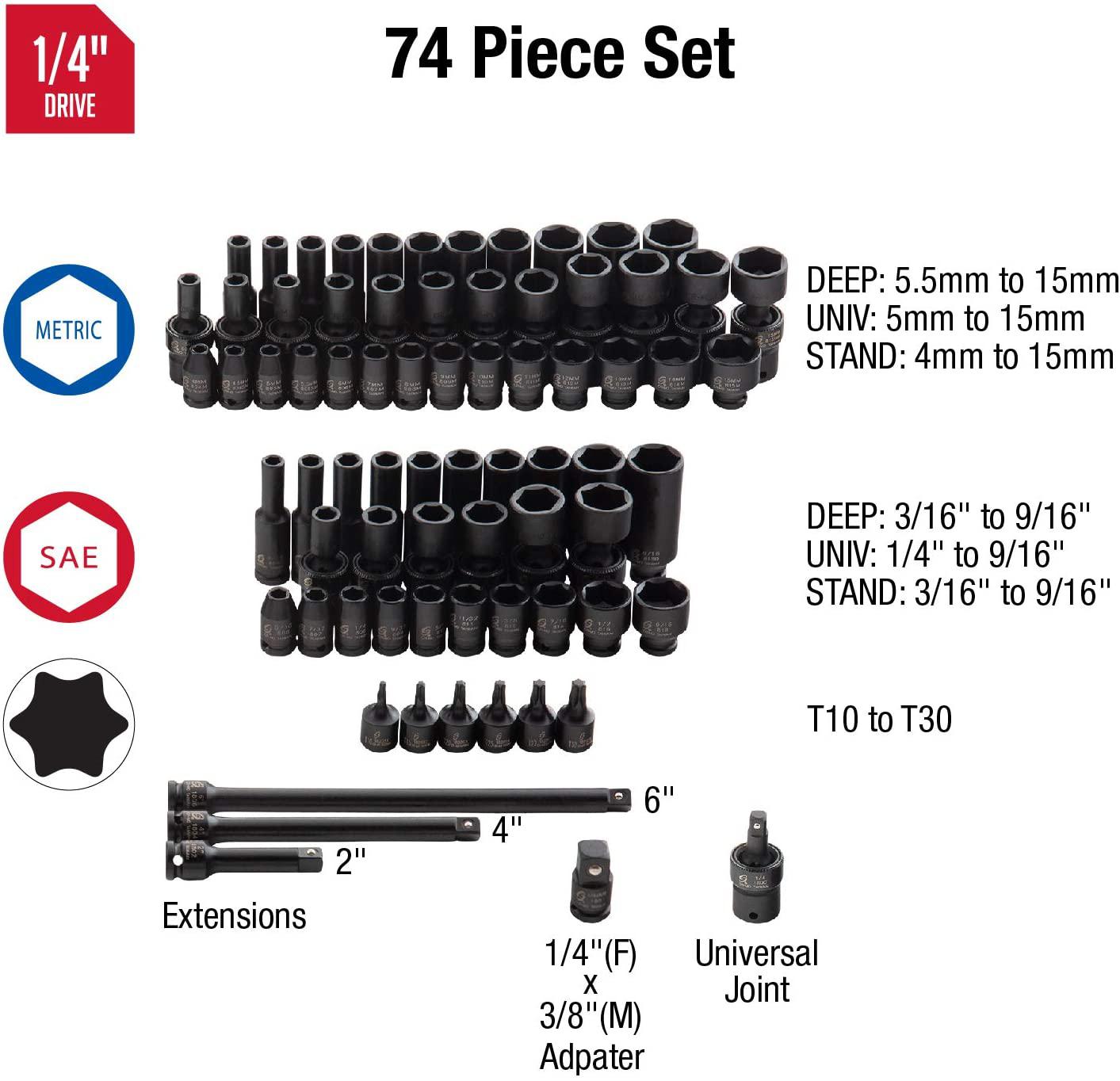 Sunex Tools 1874 1/4" Drive  Fractional and Metric Impact Sockets Set