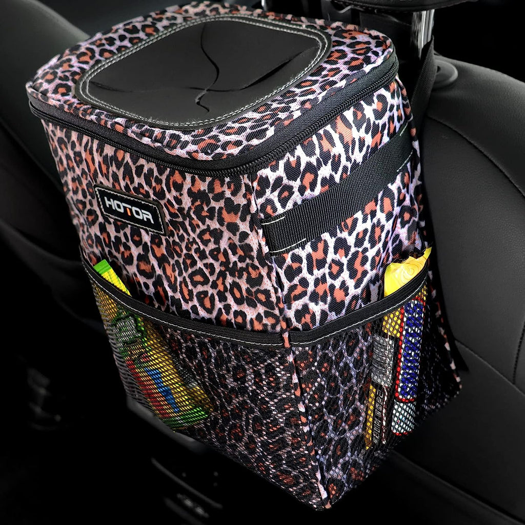 HOTOR Car Trash Can, Multifunctional &amp; Fashionable Car Accessory for Interior Use for Women, Waterproof Car Organizer and Storage Bag with Adjustable Straps, Magnetic Buckles (Leopard-Print Brown)