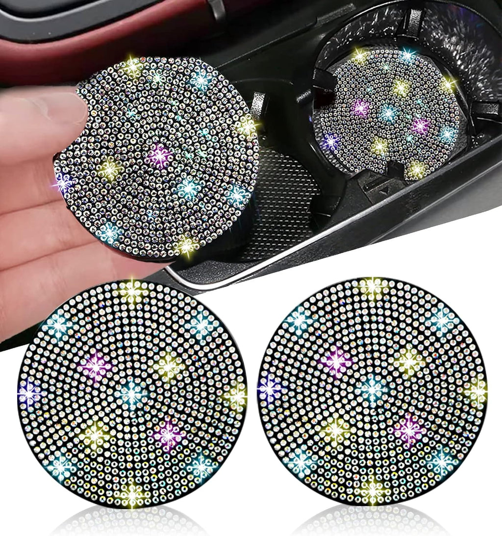 2pcs Bling Car Cup Holder Coaster, 2.75 inch Anti-Slip Shockproof Universal Fashion Vehicle Car Coasters Insert Rhinestone Auto Automotive Interior Accessories for Women (2 pcs, Colorful)