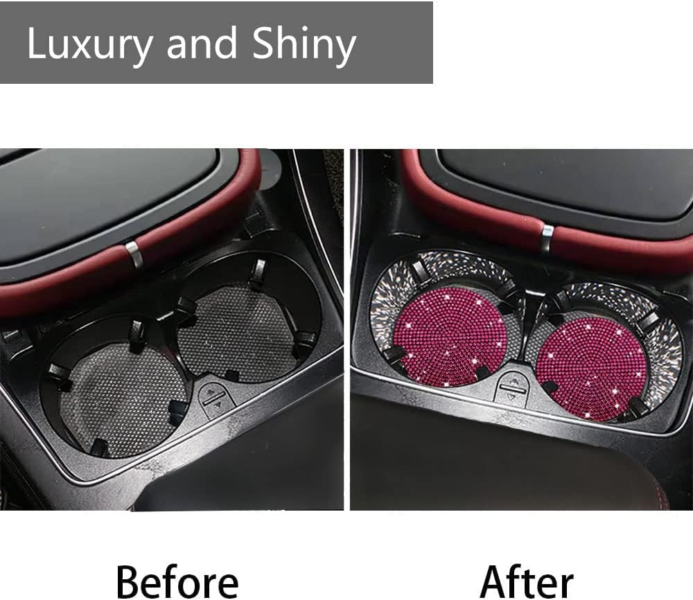 2pcs Bling Car Cup Holder Coaster, 2.75 inch Anti-Slip Shockproof Universal Fashion Vehicle Car Coasters Insert Bling Rhinestone Auto Automotive Interior Accessories for Women (2 pcs, Rose Red)