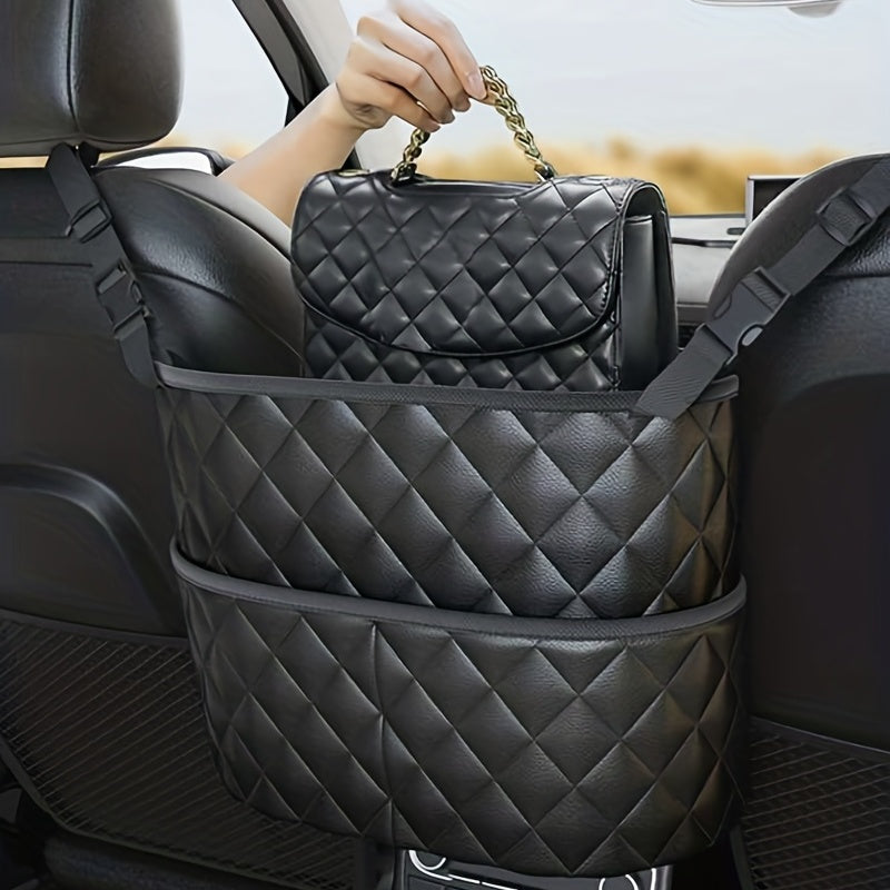 Car Purse Handbag Holder Between Seats, Leather Car Seat Back Organizer With 3 Pockets, LarCapacity StoraBag