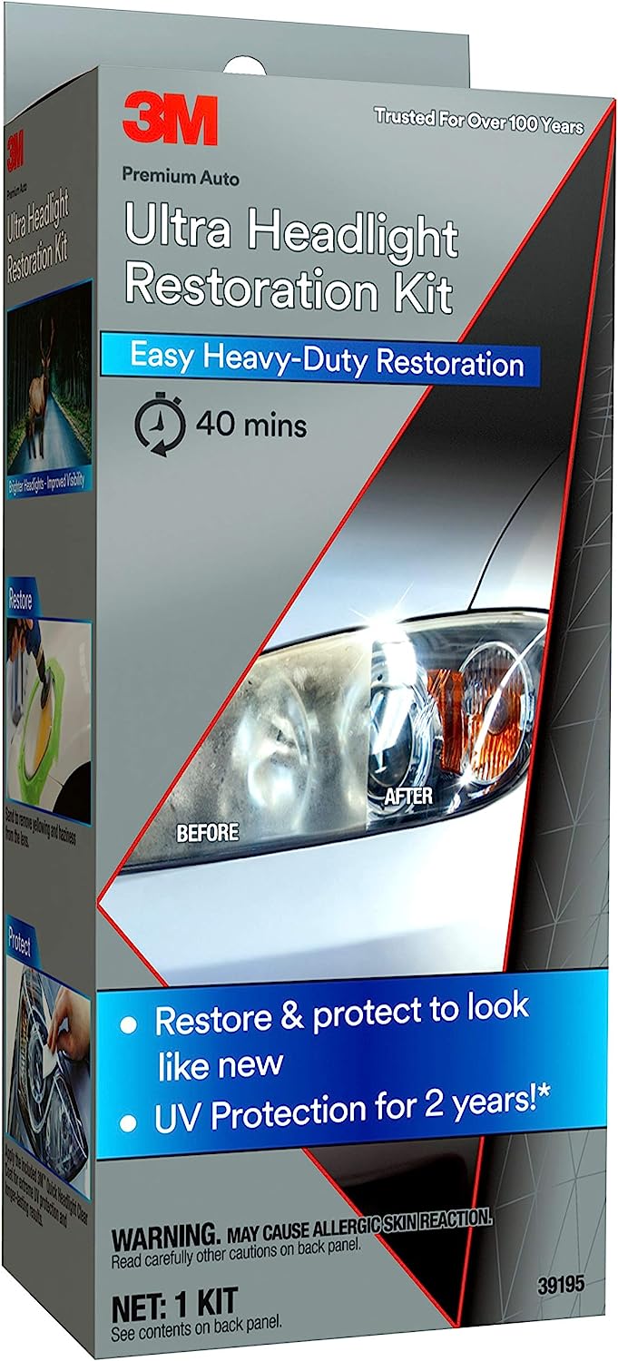 3M Ultra Headlight Restoration Kit, Easy Heavy-Duty Restoration, 39195, 1 Kit, Drill Required, Gray