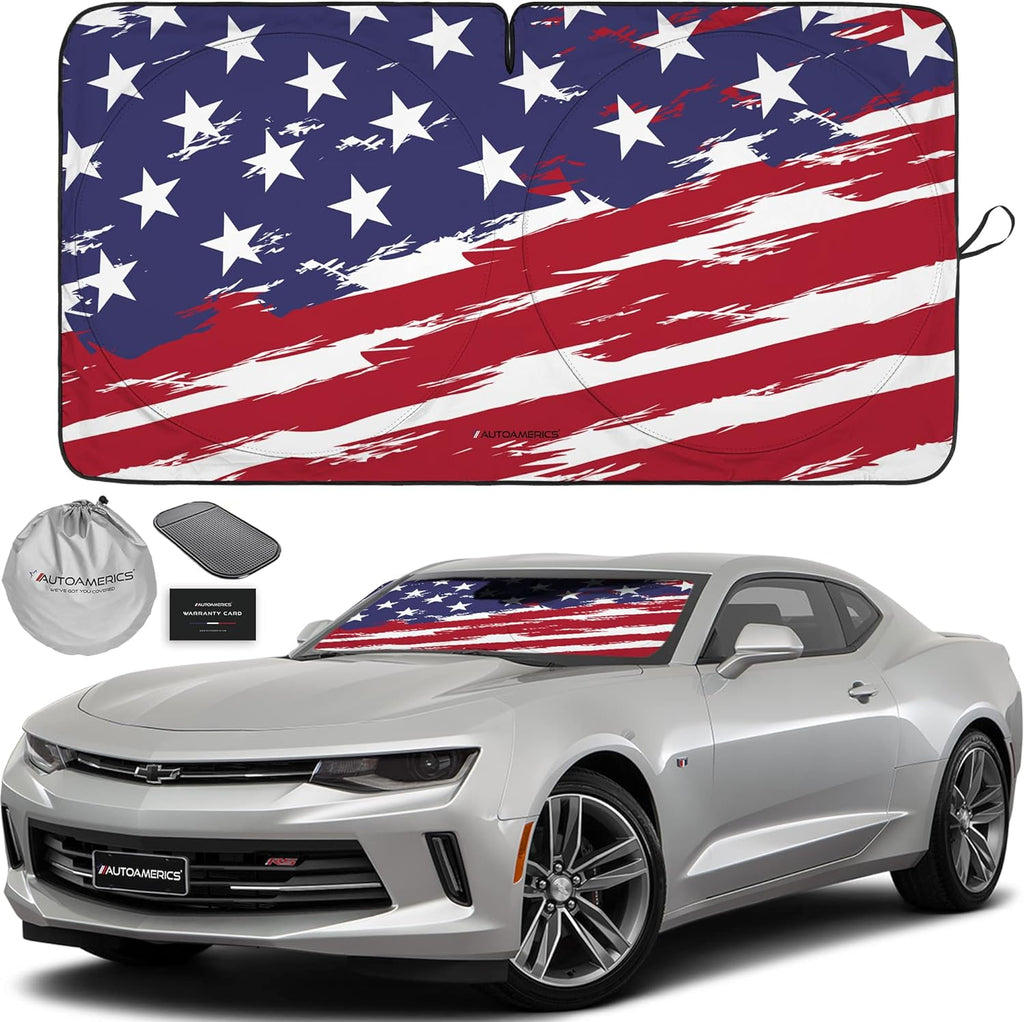 Autoamerics 1-Piece Windshield Sun Shade USA Art Flag - 2 American  - Foldable Car Front Window Sunshade for Most Sedans SUV Truck - Blocks Max UV Rays and Keeps Your Vehicle Cool - Small