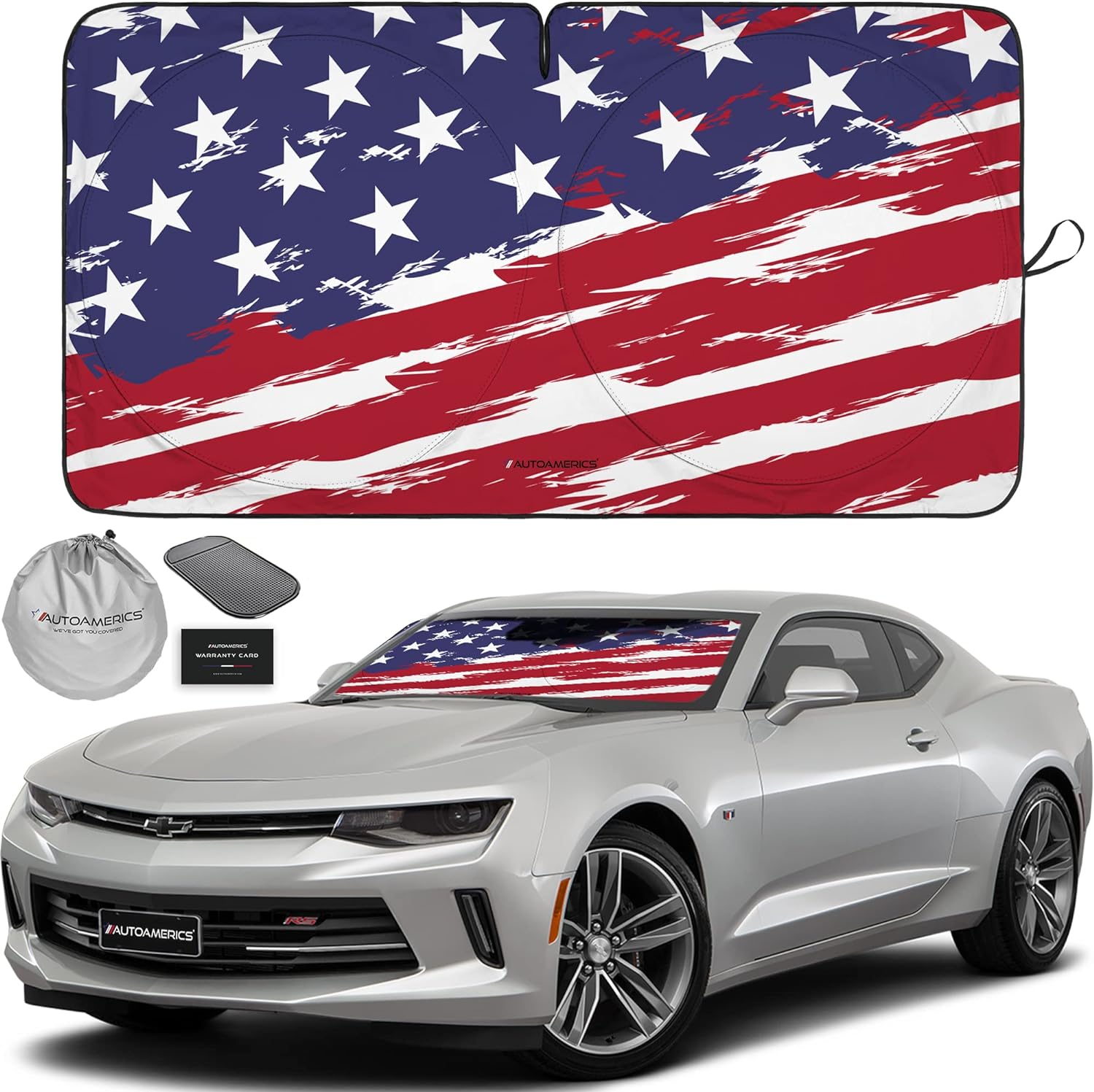 Autoamerics 1-Piece Windshield Sun Shade USA Art Flag - 2 American  - Foldable Car Front Window Sunshade for Most Sedans SUV Truck - Blocks Max UV Rays and Keeps Your Vehicle Cool - Small