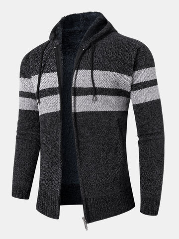 mens wide striped knit zip up plush lined thick hooded cardigans