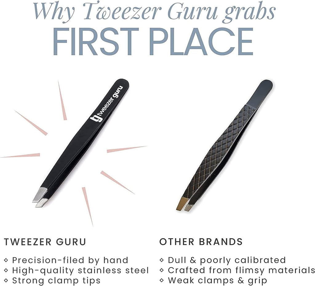Tweezer Guru Tweezers for Women - Slant Pointed Precision Tweezers for Eyebrows &amp; Ingrown Hair Removal - Blackhead and Splinter Tweezer with Sharp Needle Nose Point for Plucking (Pink)