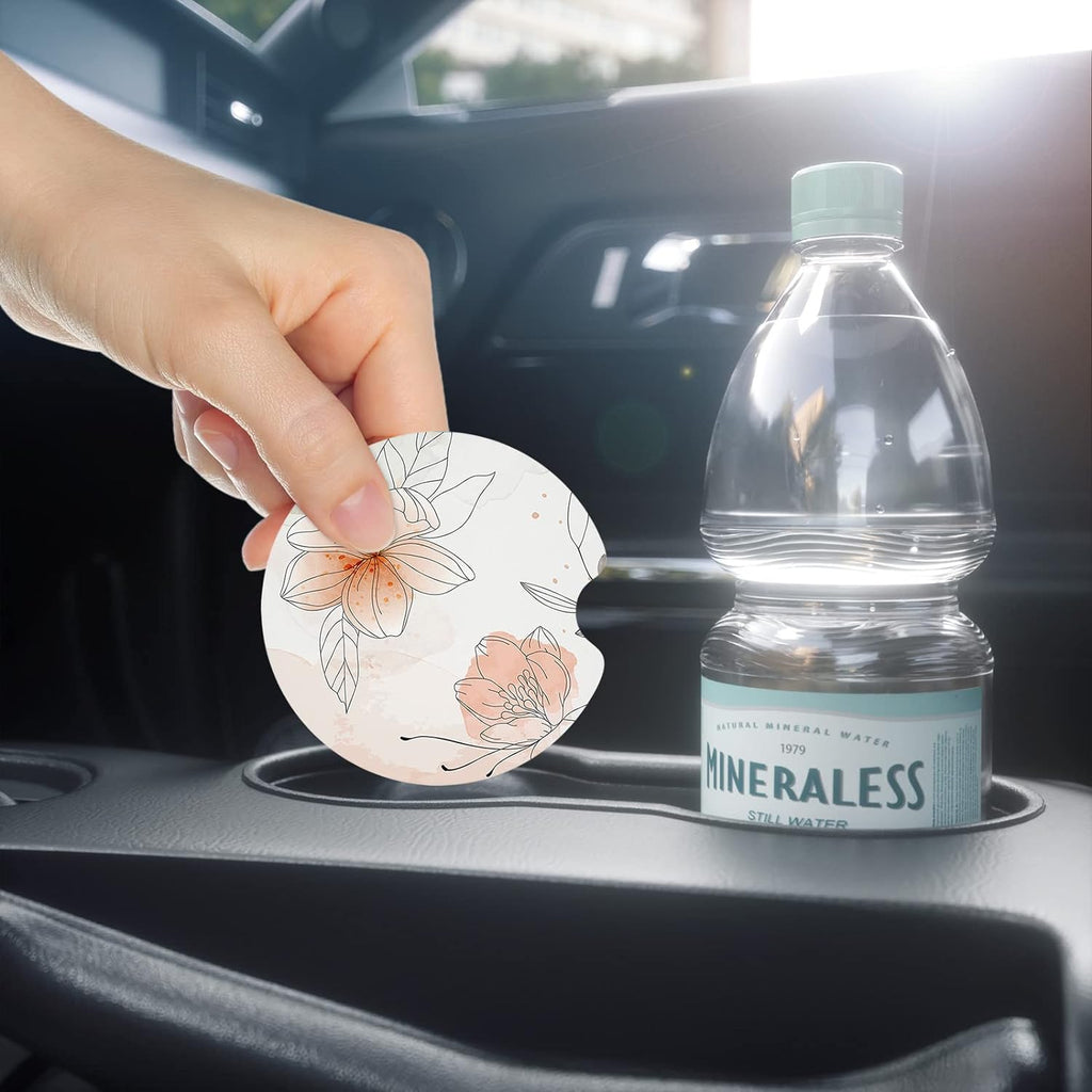 Nipichsha Car Cup Holder Coasters, Car Coasters for Cup Holders, 2 Pack Universal Anti Slip Insert Coasters, Rubber Car Cup Mat with A Finger Notch, Cute Car Interior Accessories for Women (Gardenia)